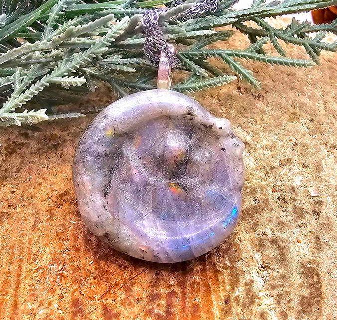 Nature Labradorite Rainbow Flash Hand Carved Castle On Moon Pendant Necklace