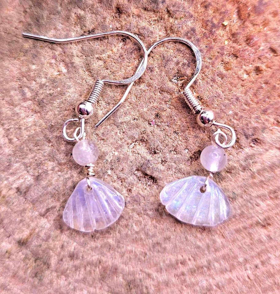 Beautiful Nature Moonstone Flashy Hand Carved Shell S925 Dangle Earring