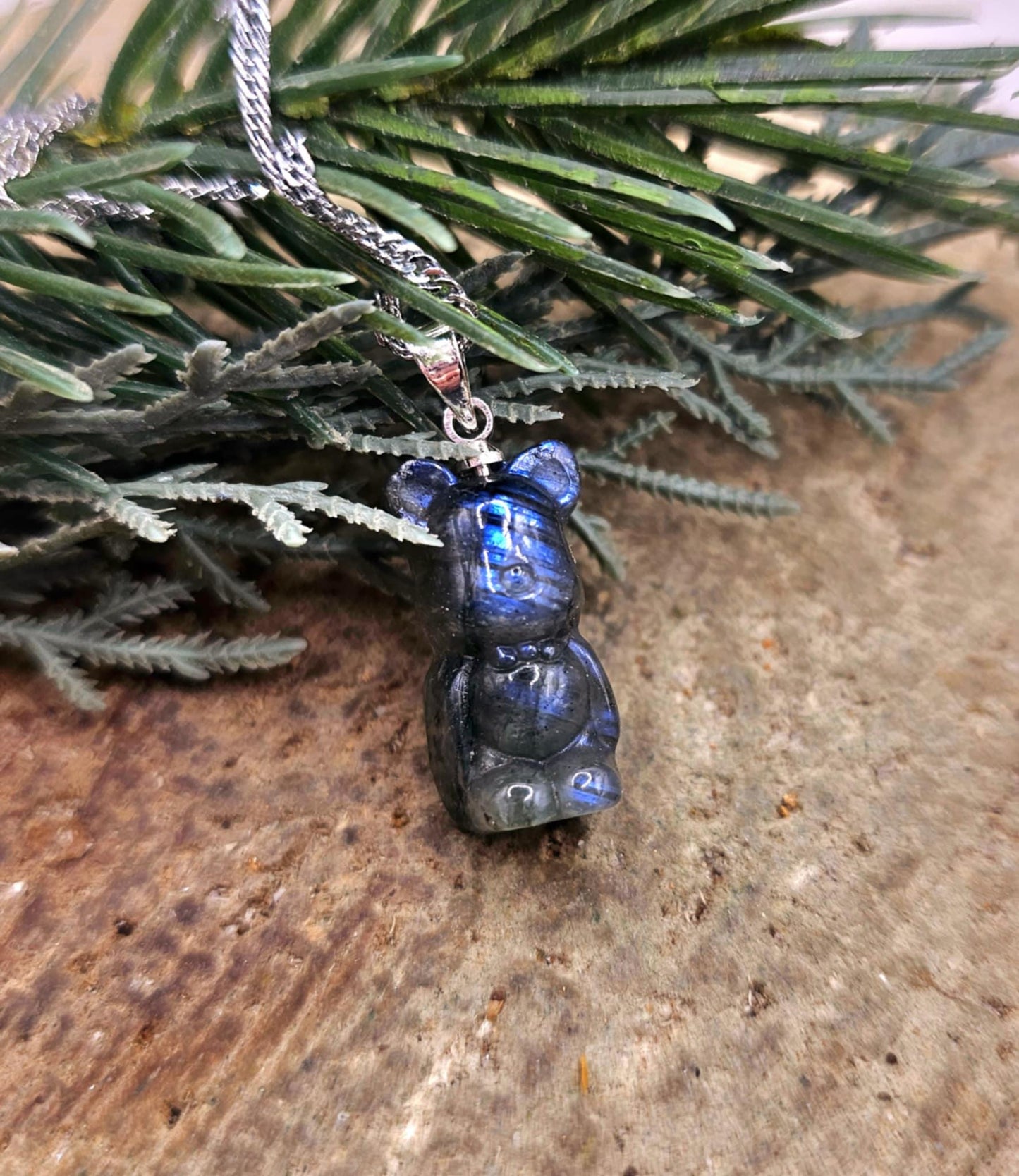 Nature Labradorite Carved Flashy Standing Bear Pendant Necklace