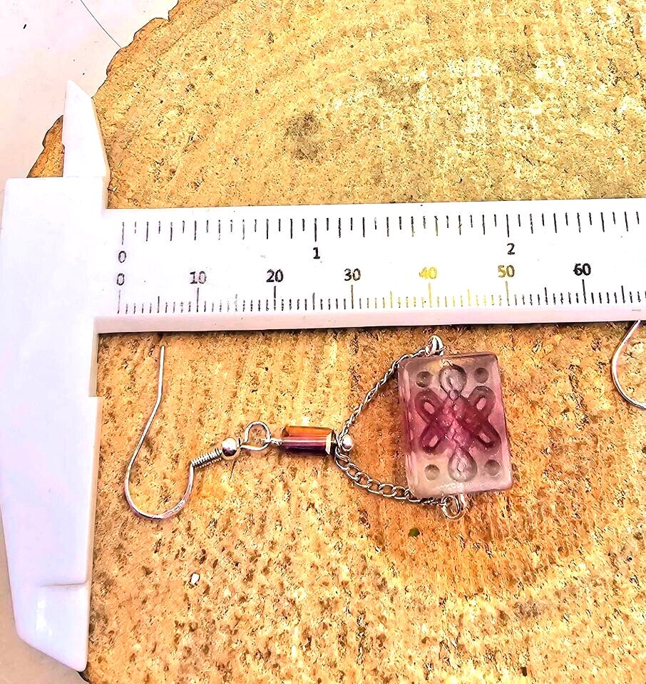 Unique Nature Rainbow Fluorite Blessing Fret Symbols Block S925 Dangle Earring