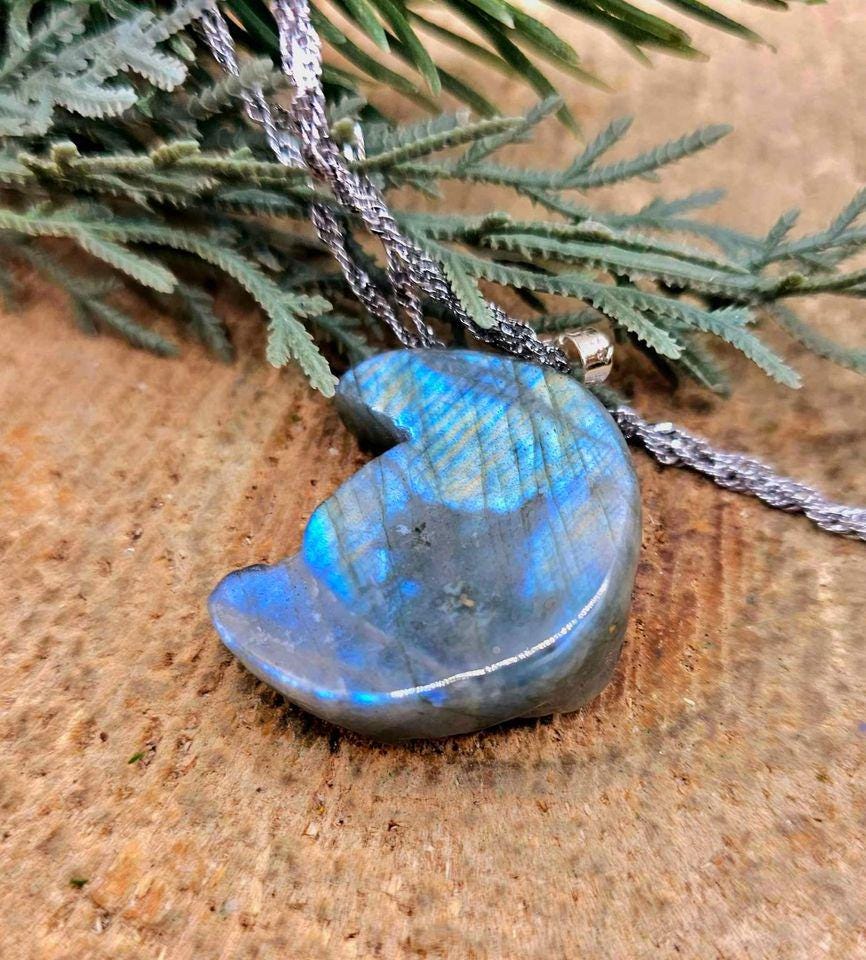 Nature Labradorite Flashy Sleeping Rabbit On Blossom Moon Pendant Necklace