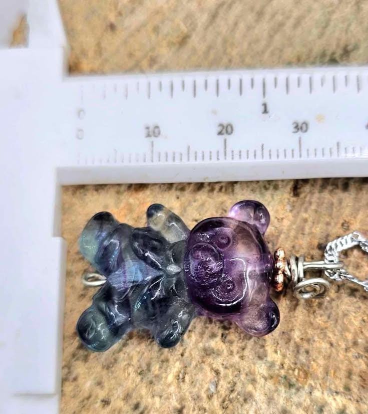 Nature Rainbow Fluorite Carved Bear Pendant Necklace