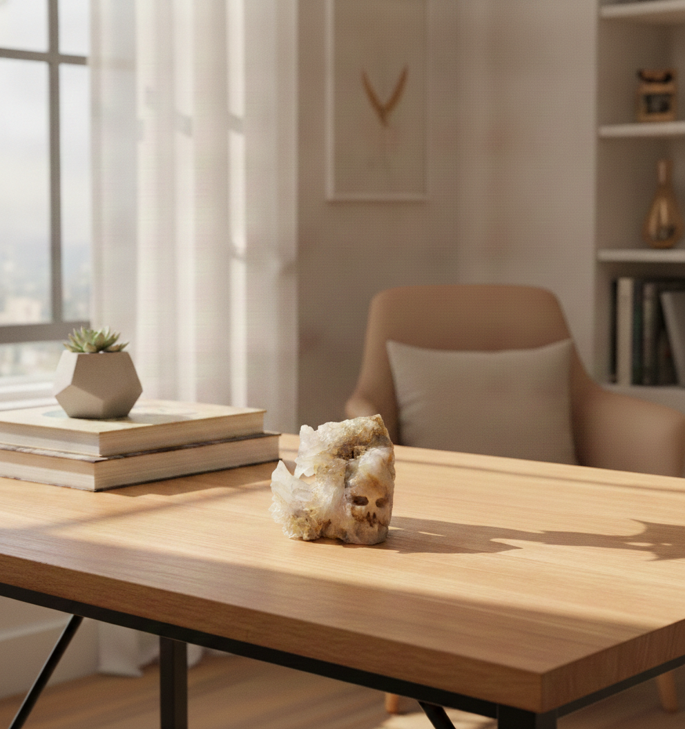 A natural crystal cluster featuring a prominent skull formation with clear quartz and beige mineral inclusions, displayed on a textured burlap surface display in an indoor office-My Aura Gemstones.
