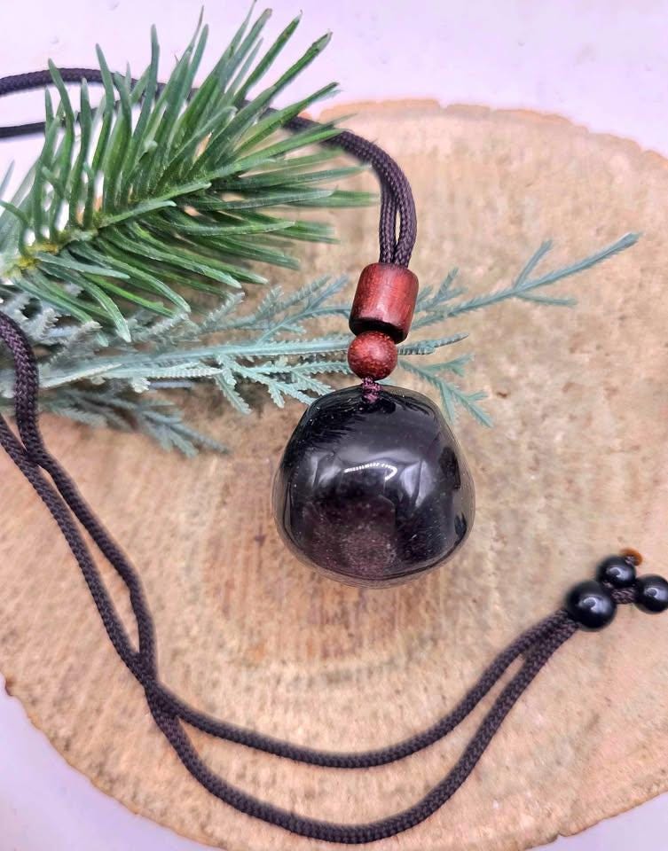 Nature Silver Obsidian Cat Eye Flash Daruma Doll Pendant Necklace