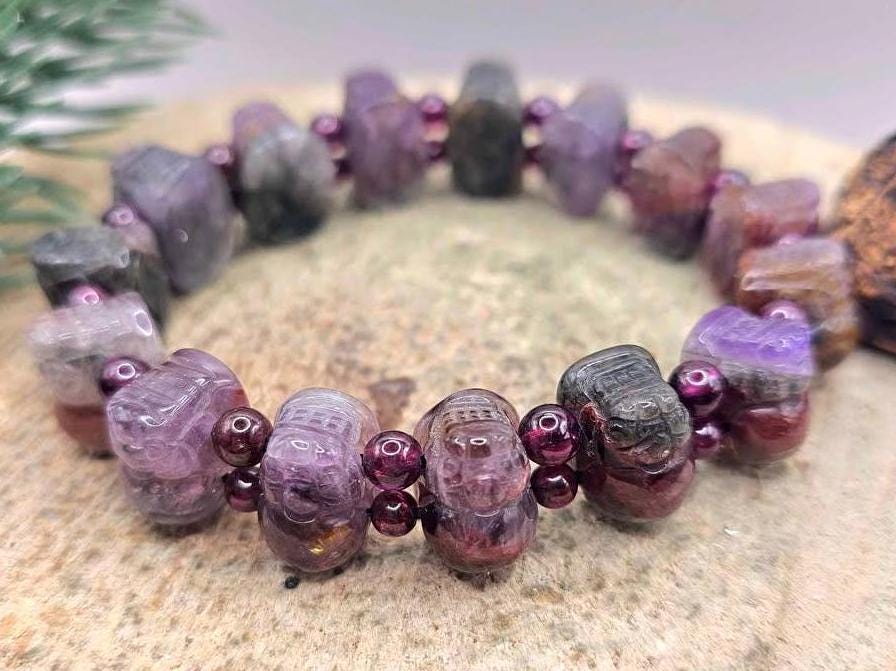 Rare Nature Auralite 23 Hand Carved Pi Xiu Purple Garnet Feng Shui Bracelet