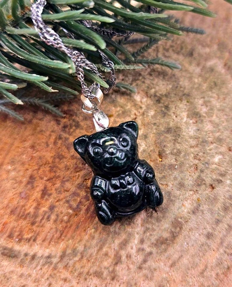 Certified Nature Dark Jade Carved Cute Bear With Bow Pendant Necklace