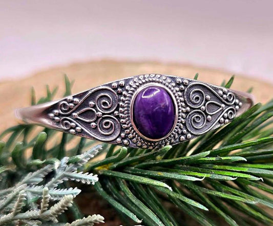 Nature Sugilite Sterling Silver S925 Stamped Cuff Bangle