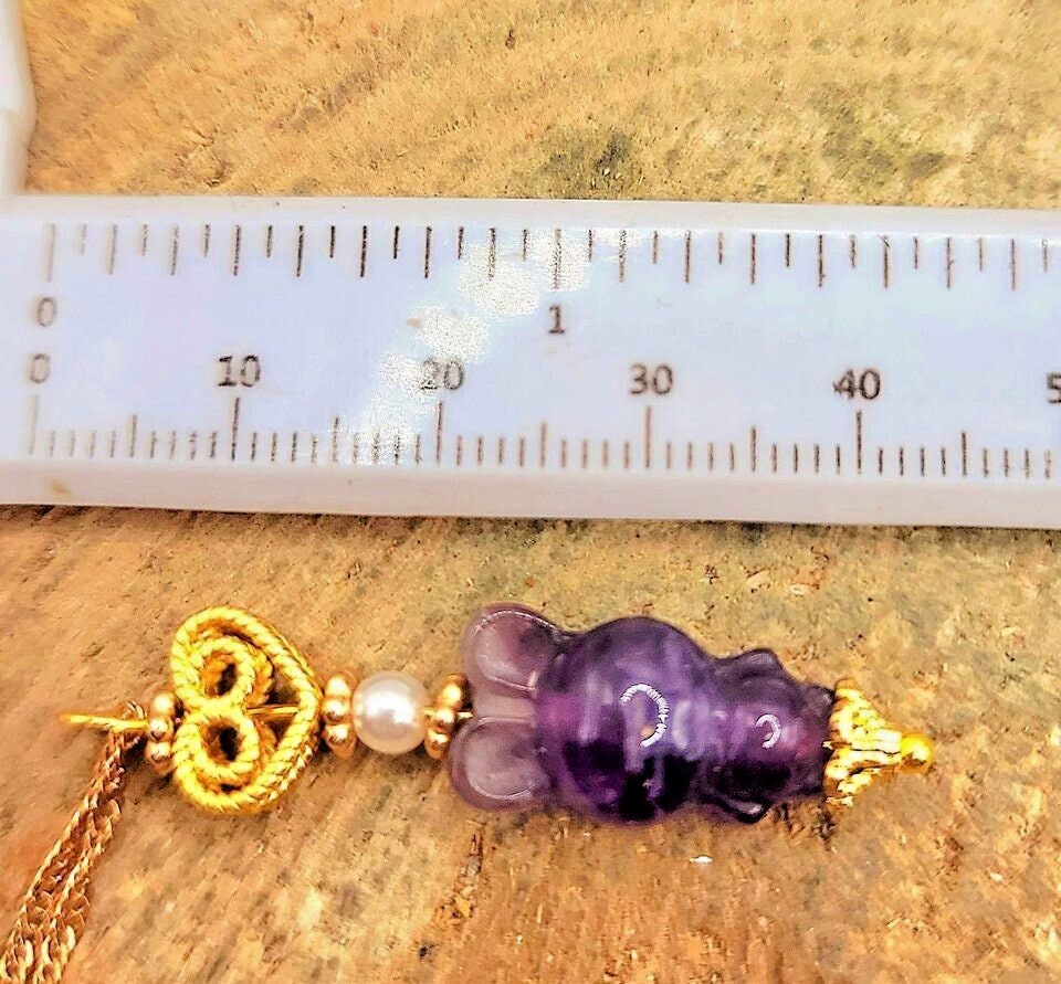 Beautiful Nature Amethyst Hand Carved Sleeping Rabbit Gold Accent Pendant Necklace