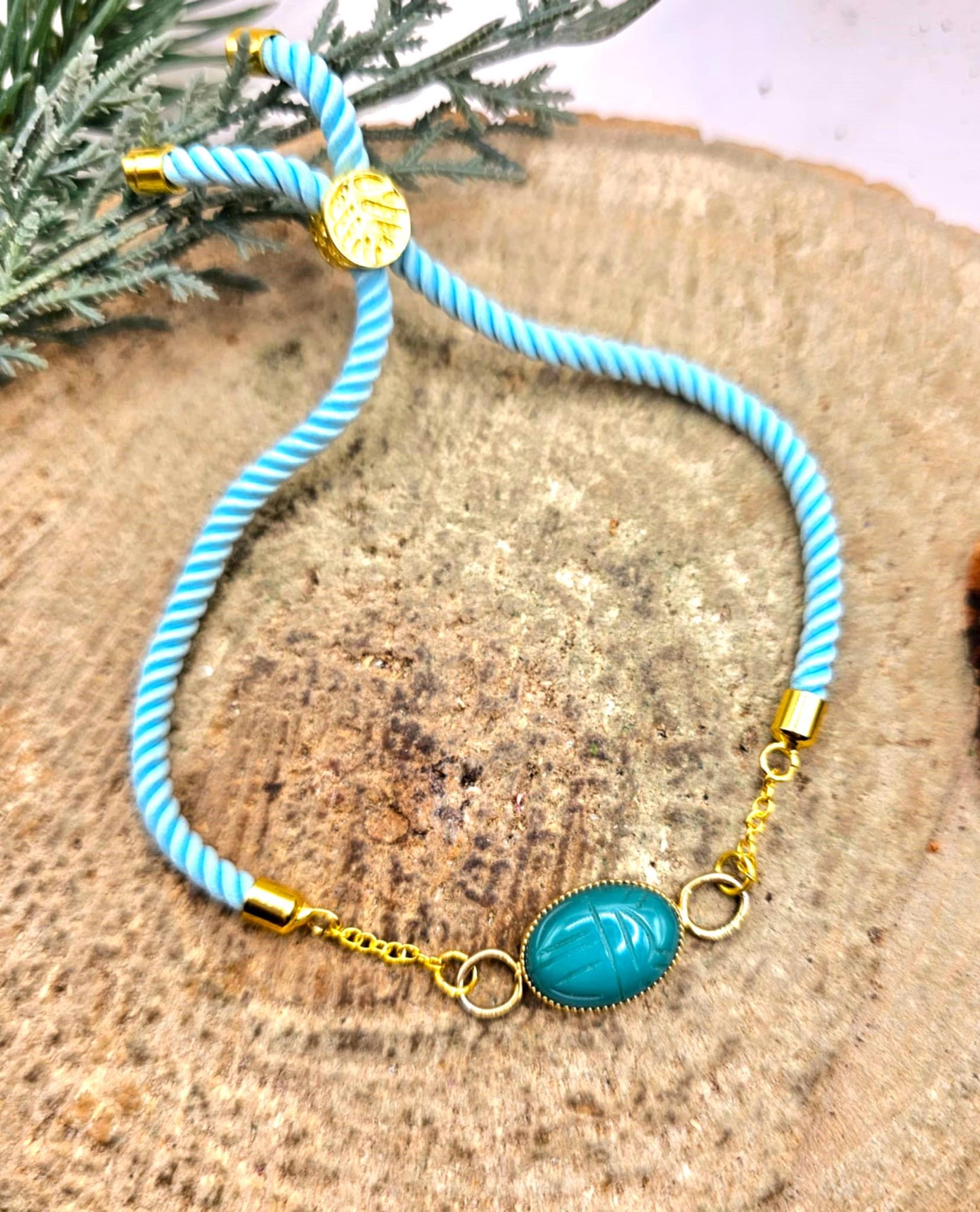 Nature Stone Hand Carved Scarab Beetle Hand Braided Bracelet