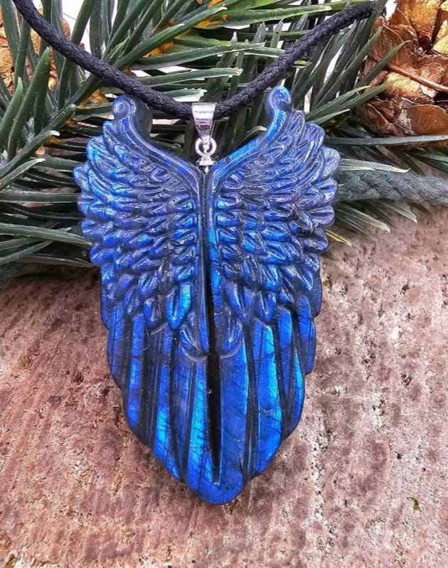 Nature Labradorite Carved Flashy Angel Wing Pendant Necklace