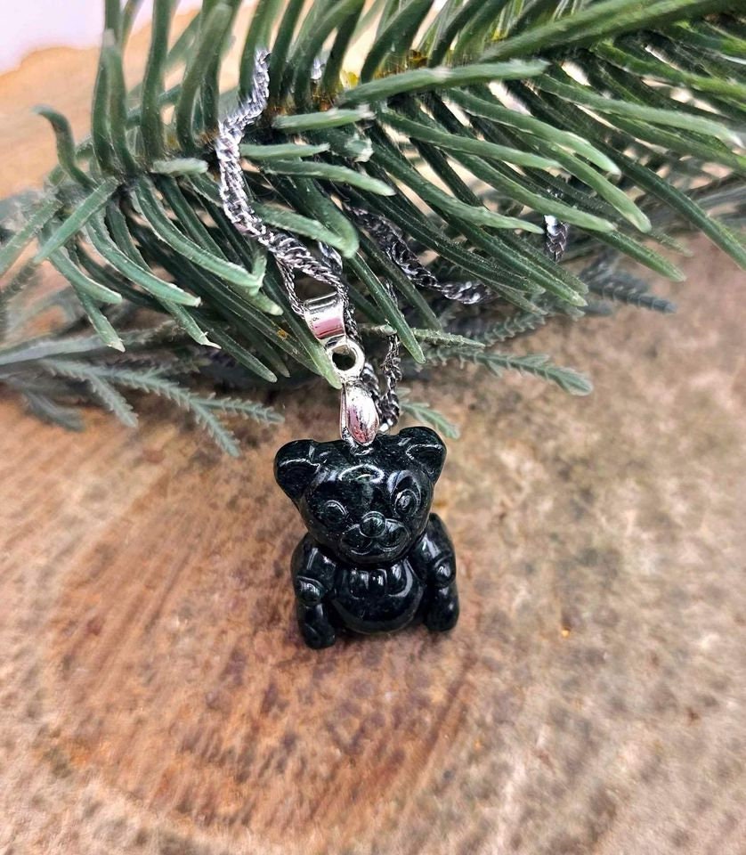 Certified Nature Dark Jade Carved Cute Bear With Bow Pendant Necklace