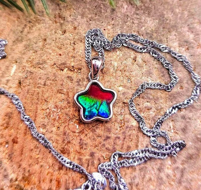 Premium Grade Nature Canadian Ammolite 925 Star Pendant Necklace