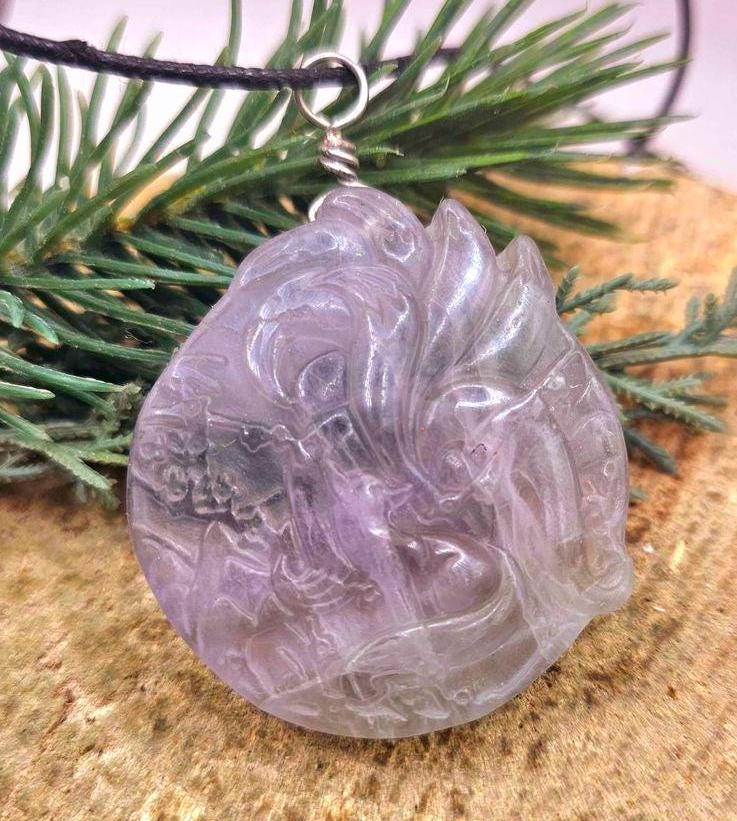 Nature Purple Fluorite Hand Carved Nine Tails Fox Pendant Necklace