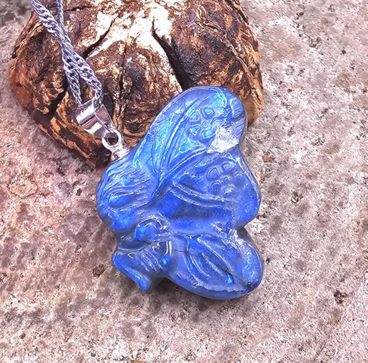 Nature Labradorite Carved Flashy Sleeping Butterfly Fairy Pendant Necklace
