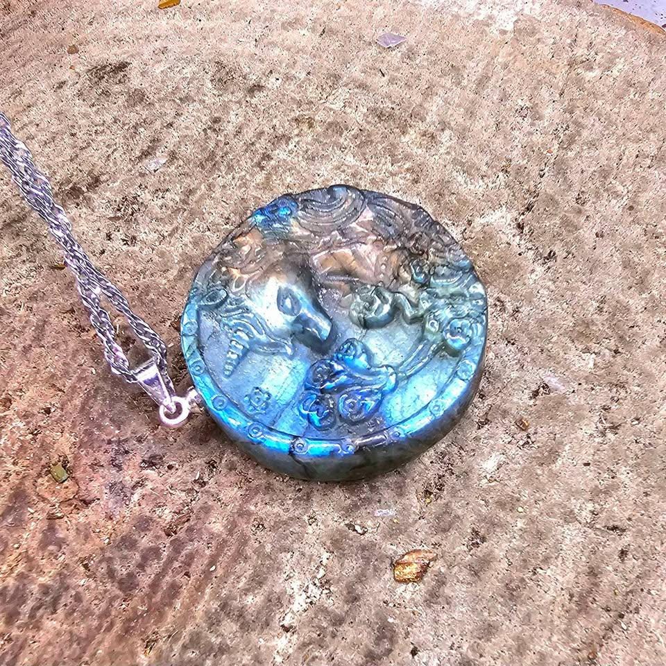 Nature Labradorite Carved Unicorn Pendant Necklace