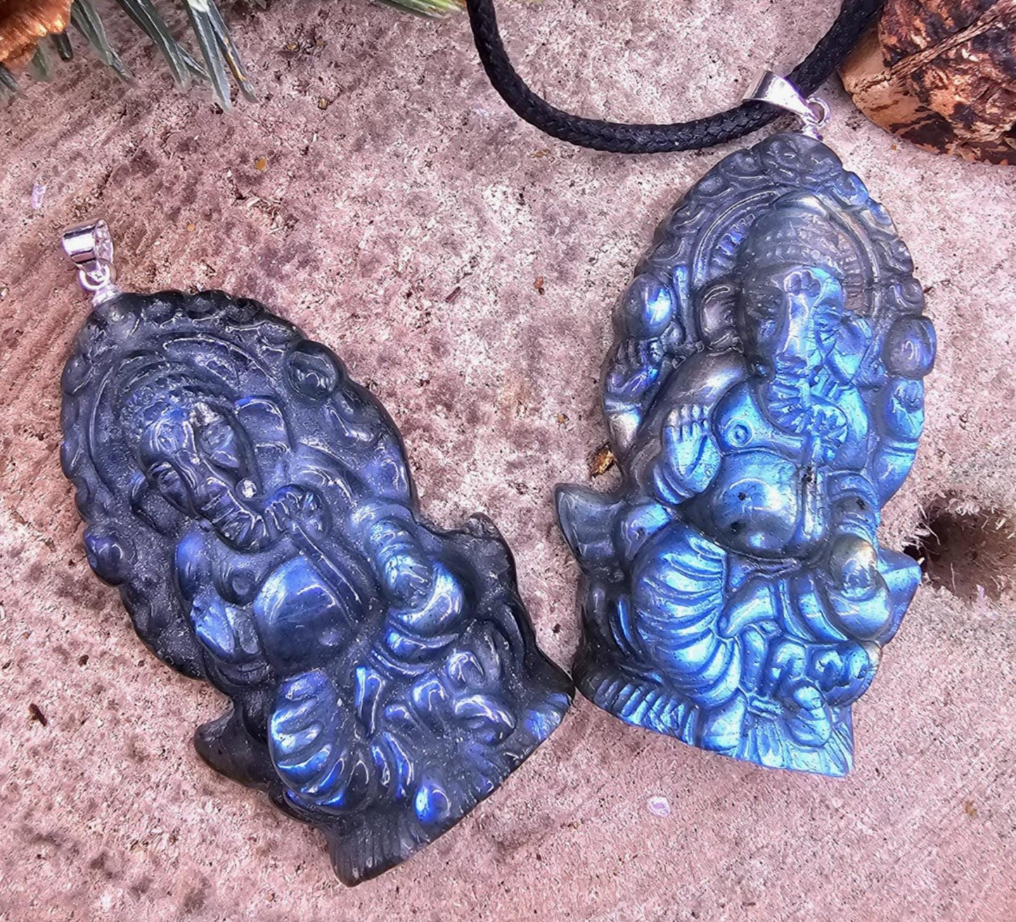 Nature Labradorite Flashy Carved Elephant God Ganesha Pendant Necklace