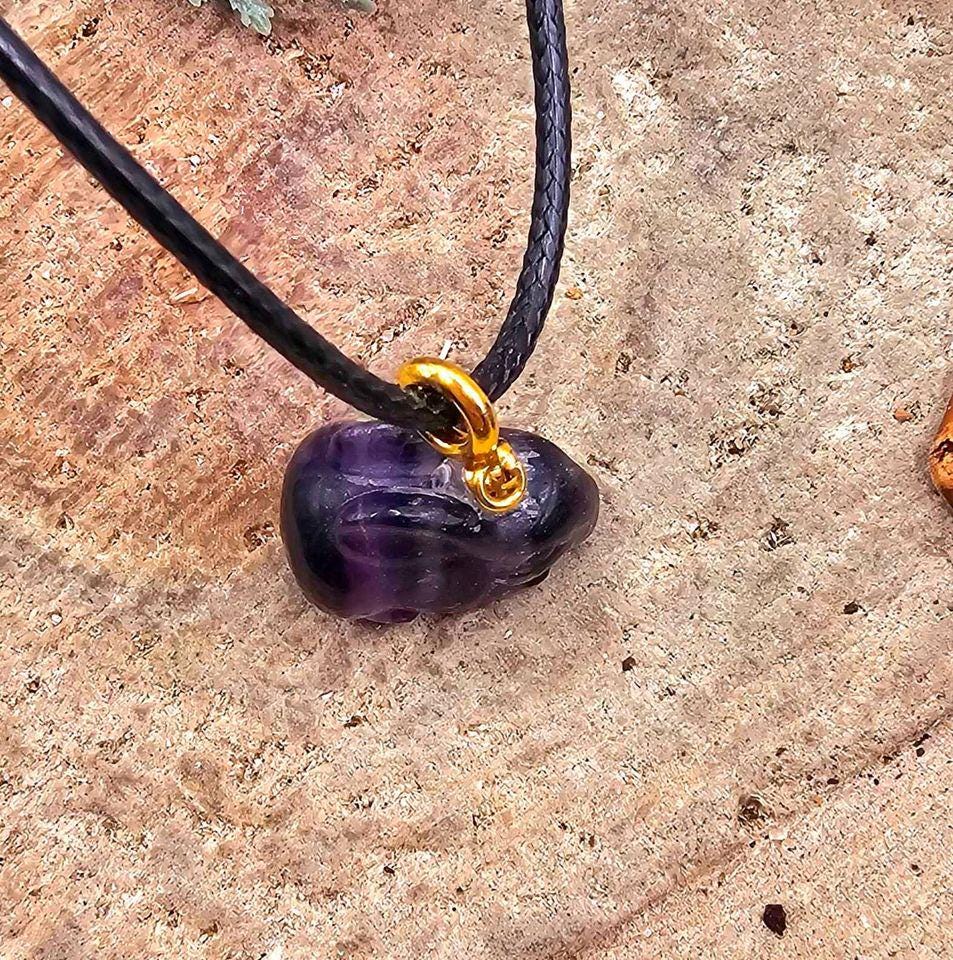 Nature Purple Fluorite Carved Cute Rabbit Pendant Necklace