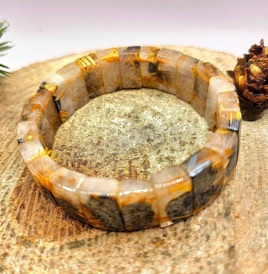 Premium Gold Rutilated Titanium Flower Rectangular Beads Feng Shui Bracelet