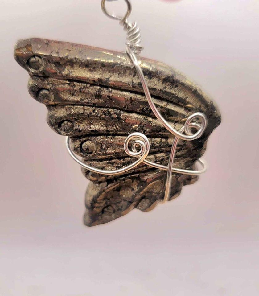 Nature Gold Pyrite Big Butterfly Wing Pendant Necklace