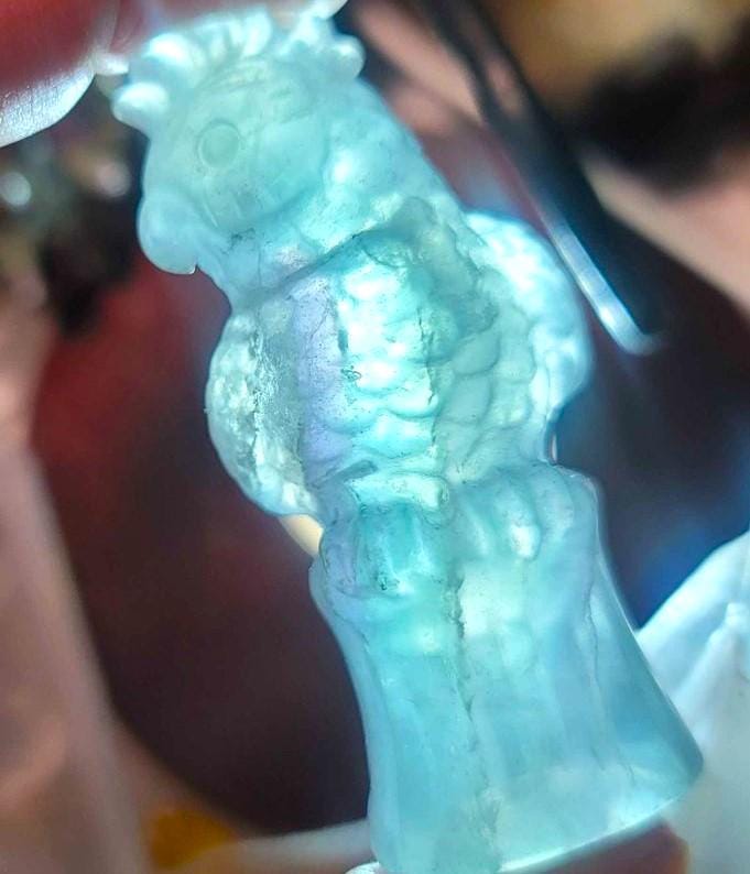 Beautiful Nature Rainbow Fluorite Hand Carved Woodpecker On Tree Stump Figure