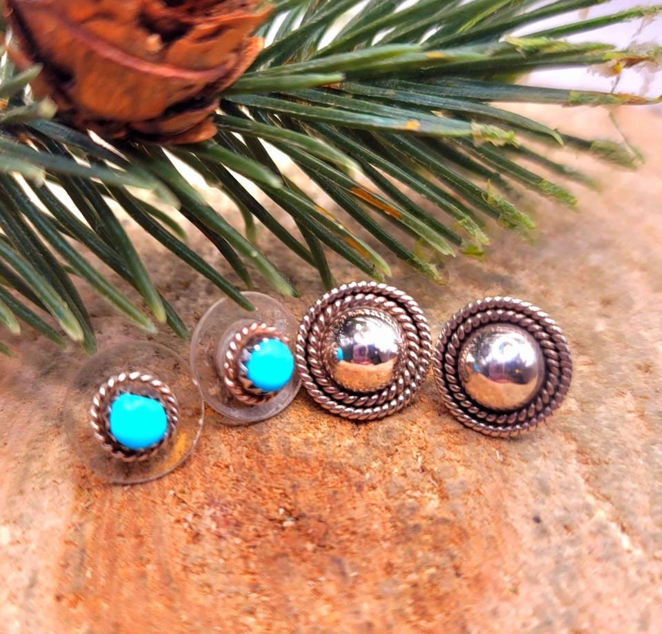 Beautiful 2 Pairs Of Nature Turquoise & Sterling Silver Patterned Earstuds