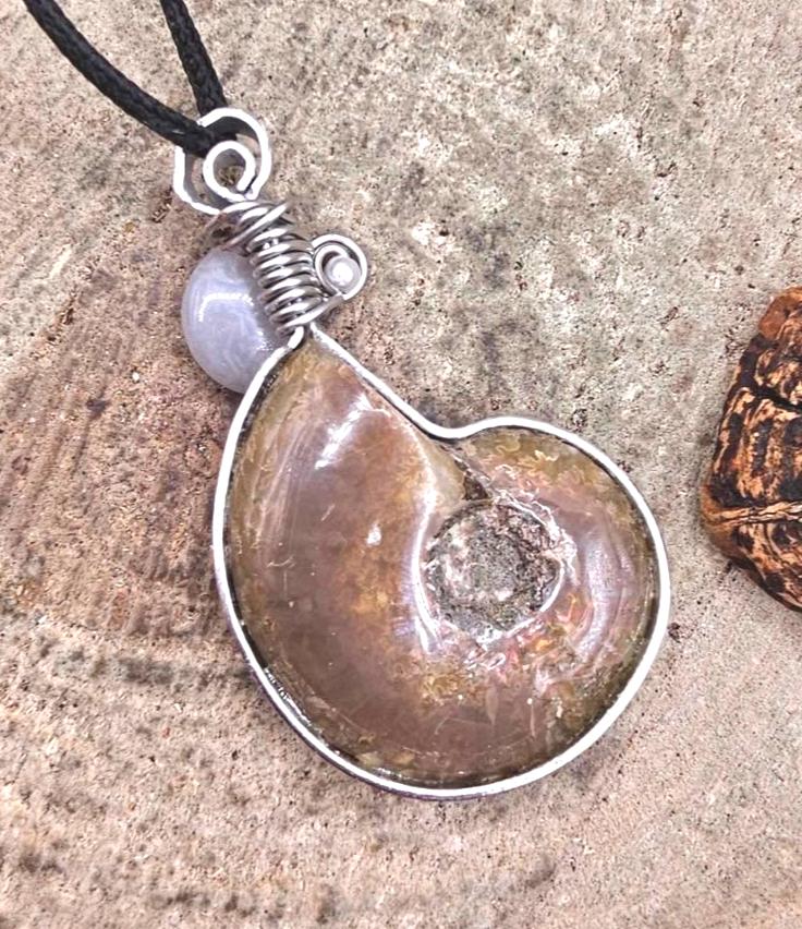 Nature Flashy Ammonite Moonstone Moon Wire Wrapped Pendant Necklace