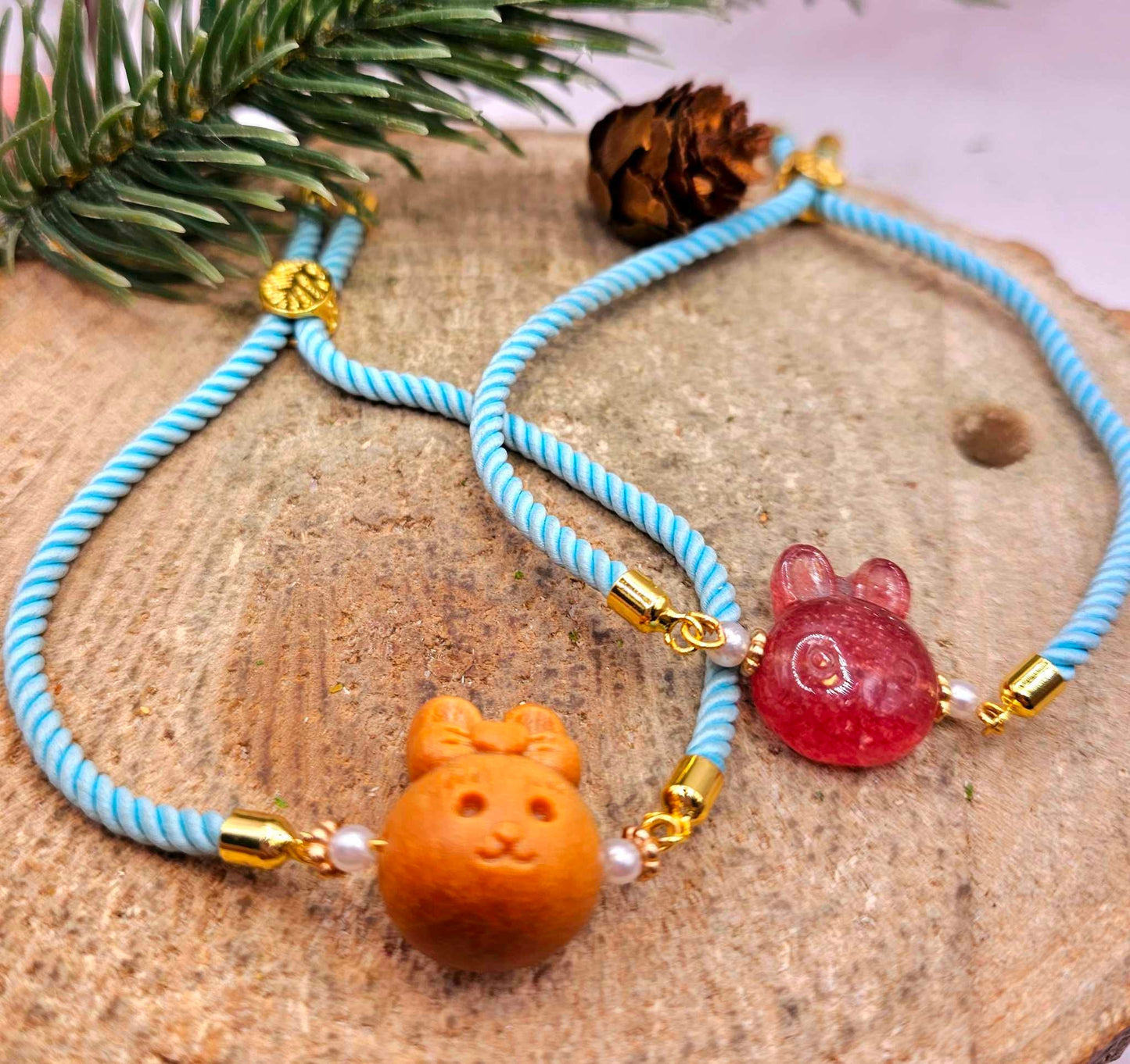 Nature Crystal Wood Rabbit Head Adjustable Blue Knitted Bracelet