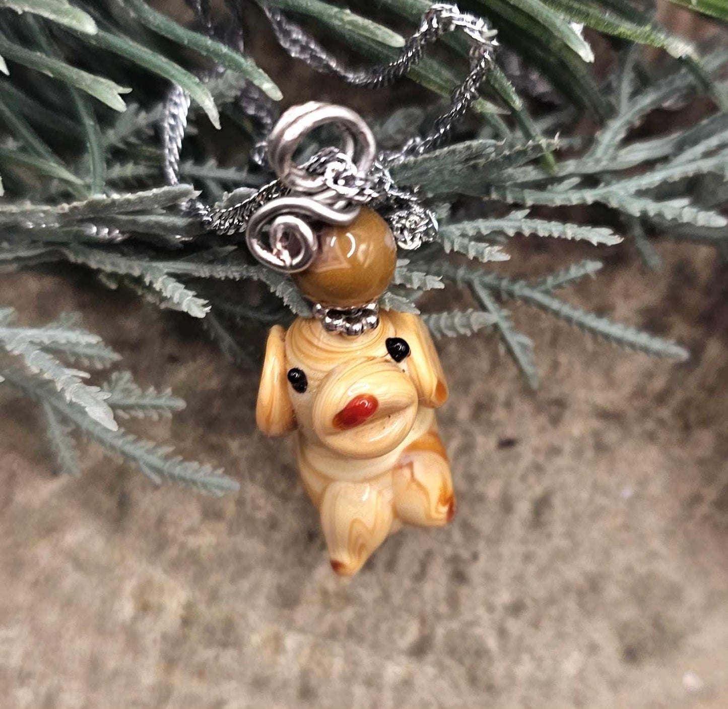 Cute Venetian Glass Hand Blown Dog & Agate Pendant Necklace