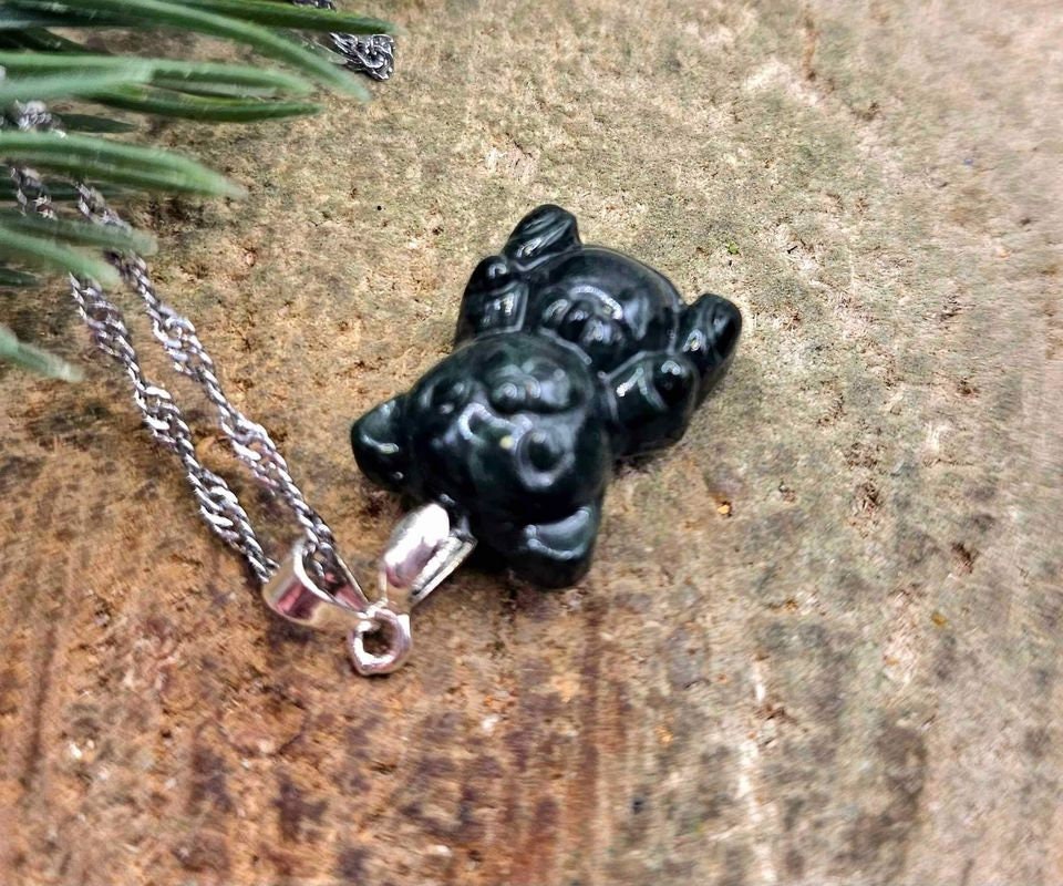 Certified Nature Dark Jade Carved Cute Bear With Bow Pendant Necklace