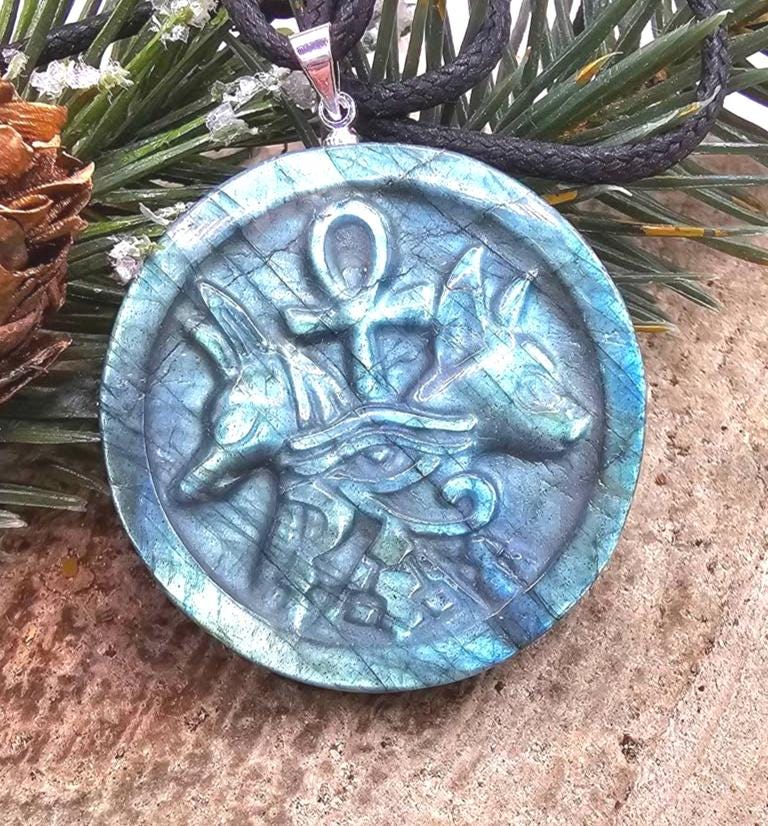 Nature Labradorite Carved Flashy Egyptian Symbols Pendant Necklace
