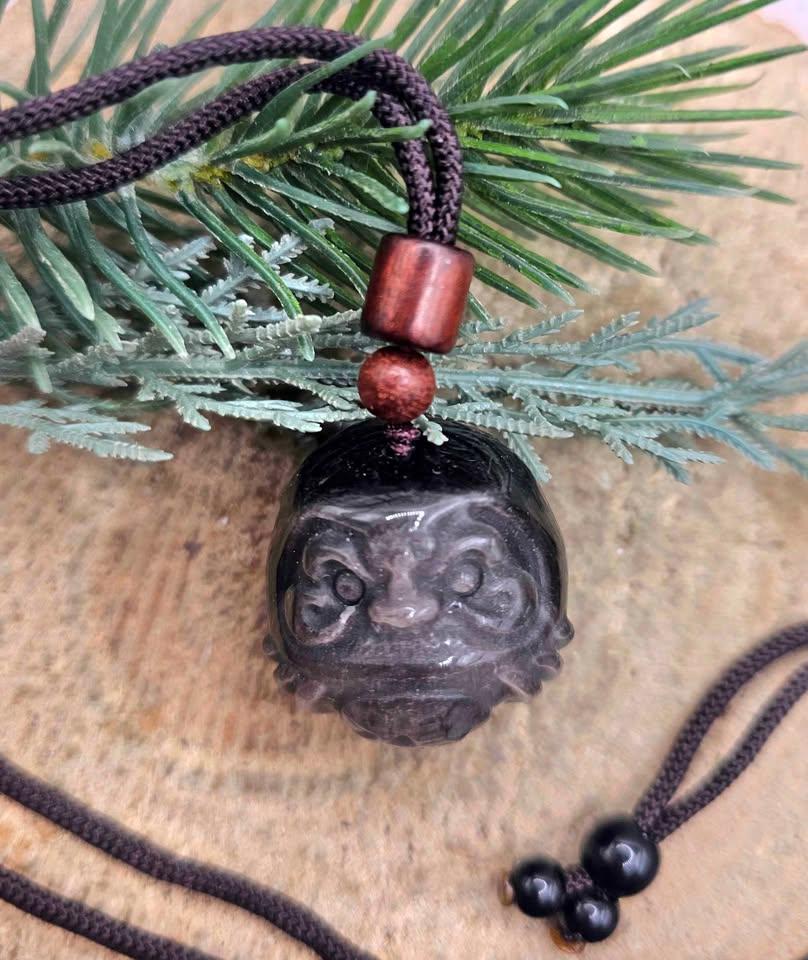 Nature Silver Obsidian Cat Eye Flash Daruma Doll Pendant Necklace