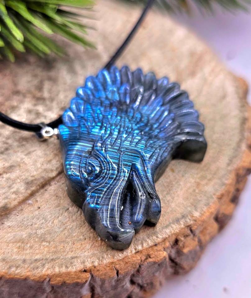 Nature Labradorite Flashy Strong Eagle Head Pendant Necklace