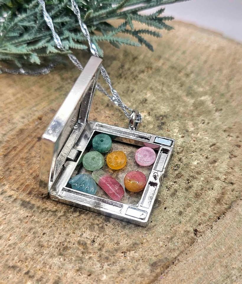 Nature Rainbow Tourmaline Beads Filled Silver Openable Floating Locket Pendant Necklace