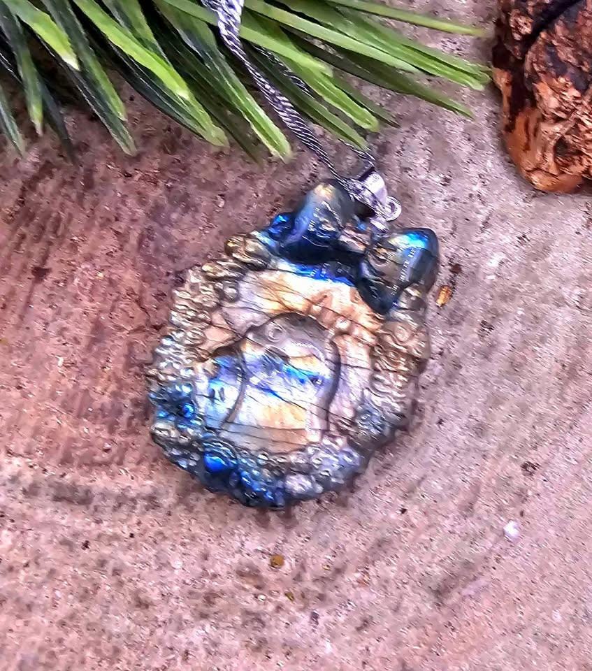 Nature Labradorite Flashy Forest God Portrait Pendant Necklace