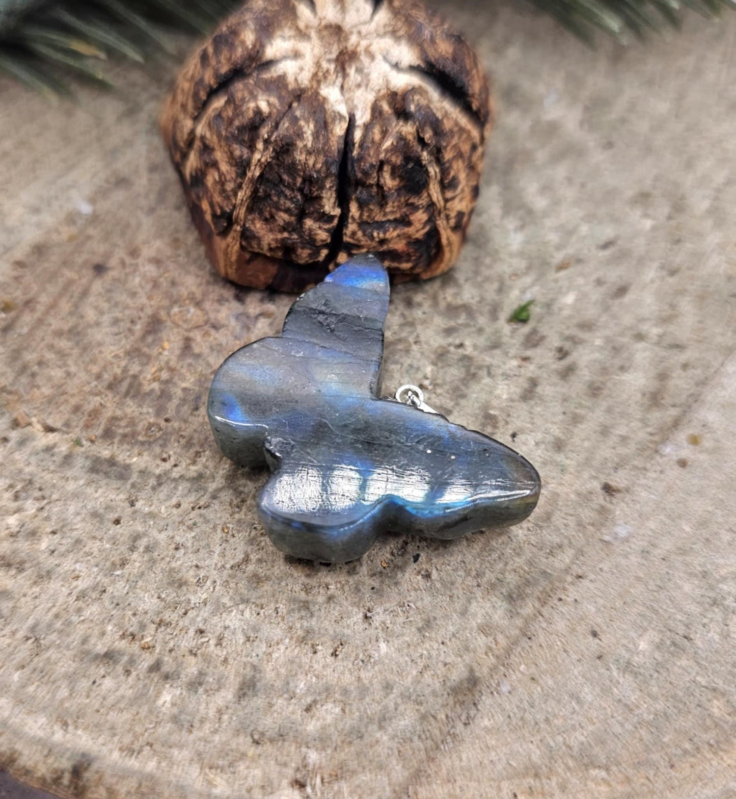 Nature Labradorite Carved Hidden Skull Butterfly Pendant Necklace