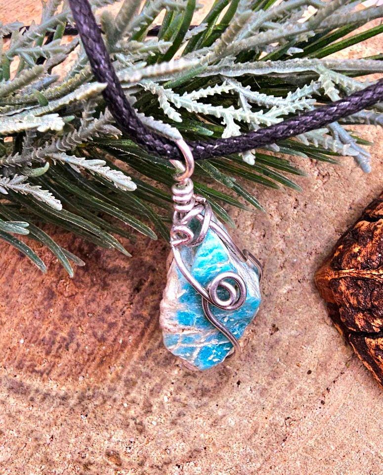 Nature Amazonite Raw Stone Wire Wrapped Pendant Necklace