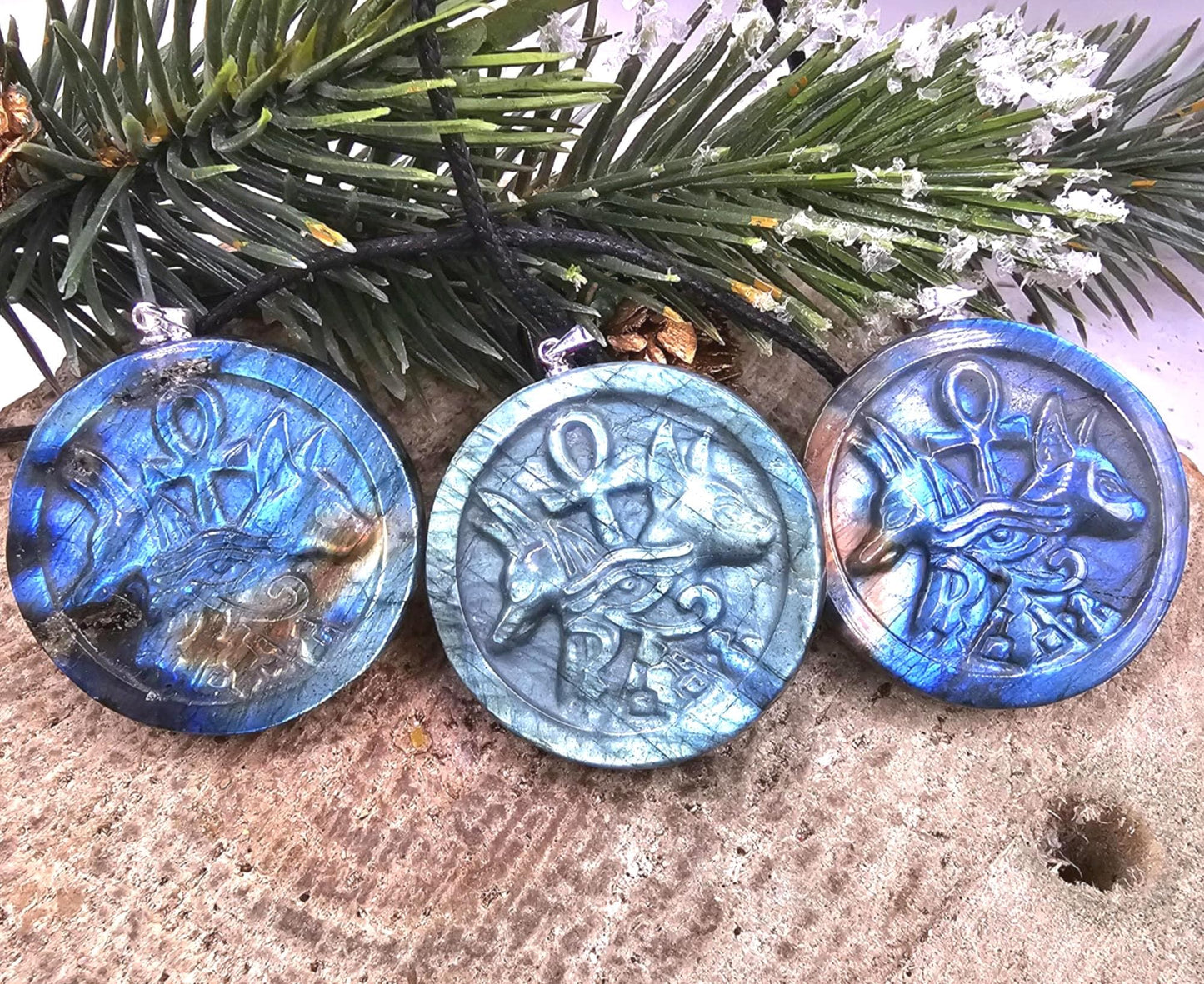 Nature Labradorite Carved Flashy Egyptian Symbols Pendant Necklace