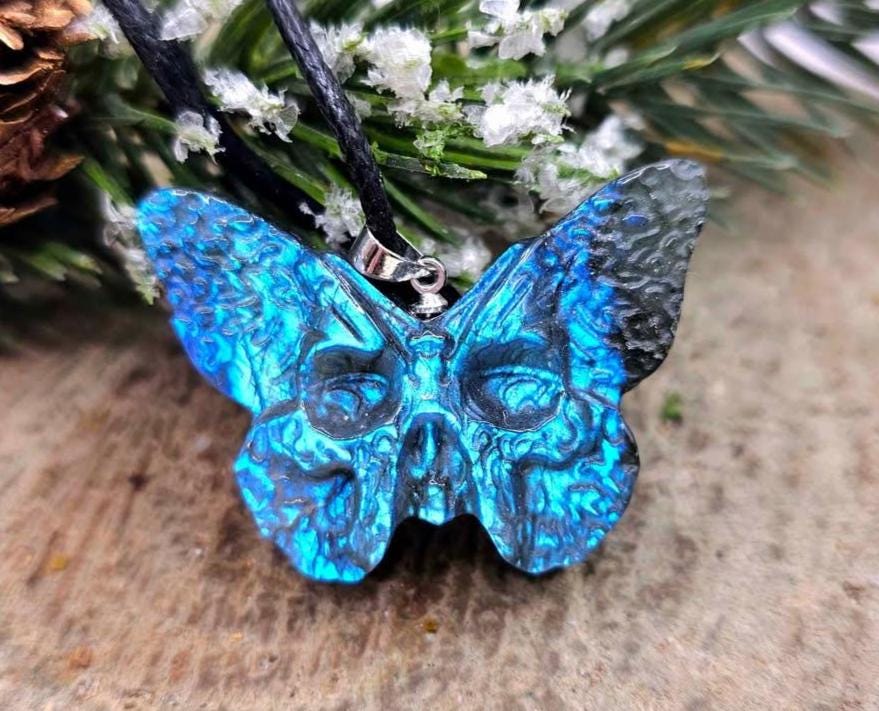 Nature Labradorite Carved Hidden Skull Butterfly Pendant Necklace