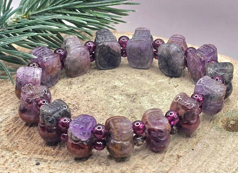 Rare Nature Auralite 23 Hand Carved Pi Xiu Purple Garnet Feng Shui Bracelet