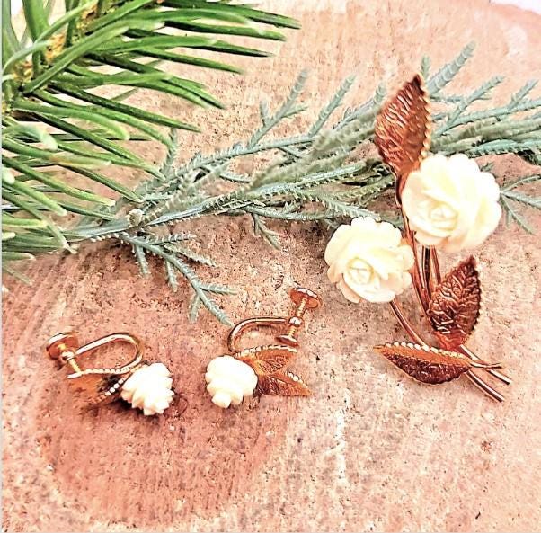 14K Gold Filled AMCO Floral Leaf Rose Brooch & Screw Back Earring