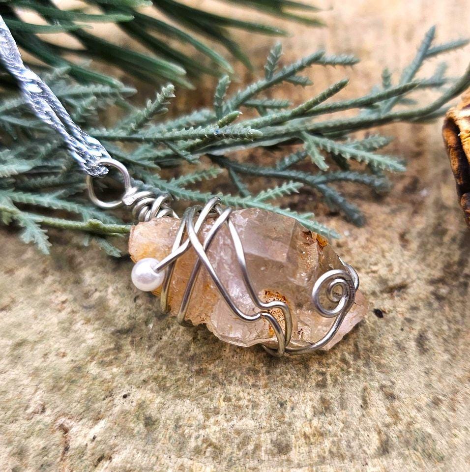 Beautiful Nature Skeletal Fenster Quartz Point Wire Wrapped Pendant Necklace