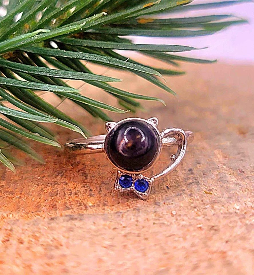Nature Silver Hypersthene Cute Walking Cat Design Adjustable Ring