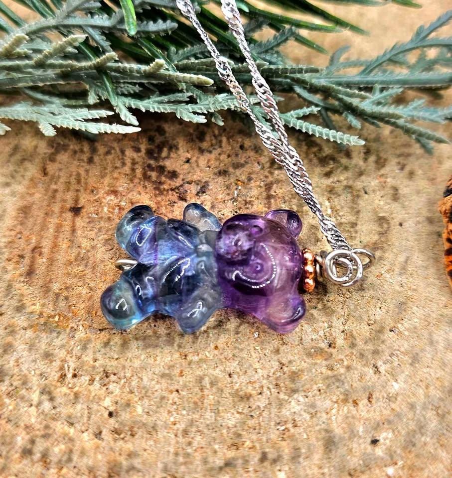 Nature Rainbow Fluorite Carved Bear Pendant Necklace