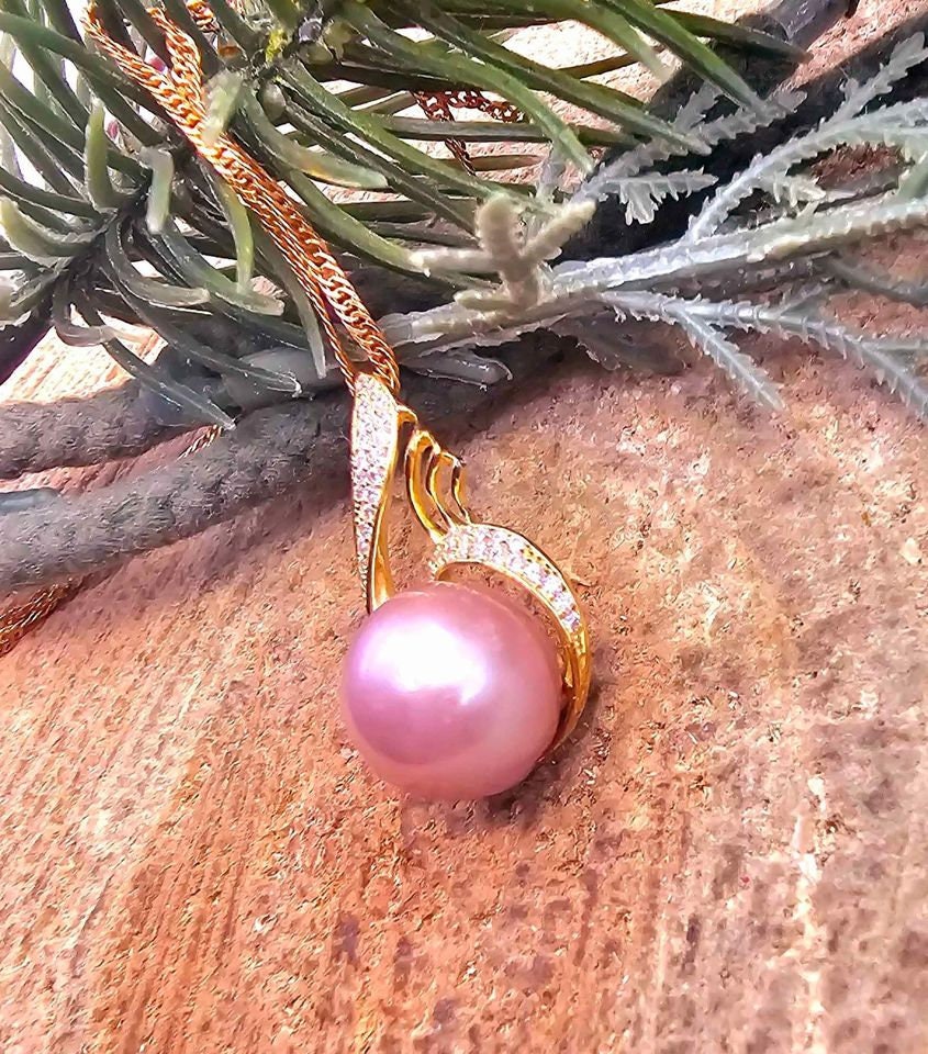Nature Pinkish Purple Pearl S925 CZ Stone Pendant Necklace