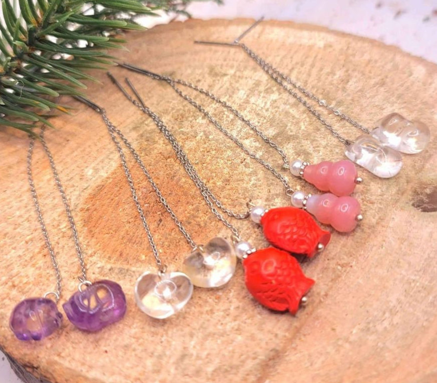 Nature Crystal Stones Hand Carved Dangle Earrings