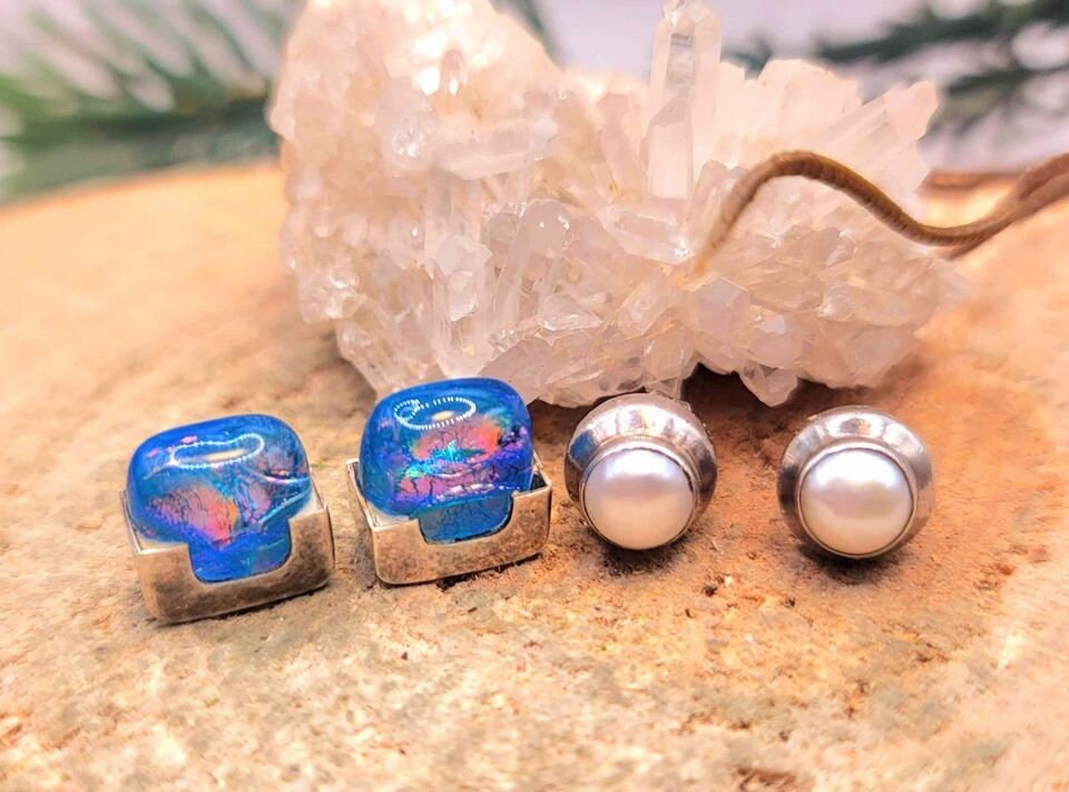 Beautiful 2 pairs Of Blue Aura Glass Tile & Pearl Sterling Silver Ear Studs