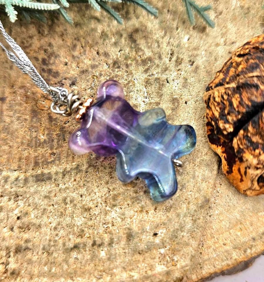 Nature Rainbow Fluorite Carved Bear Pendant Necklace