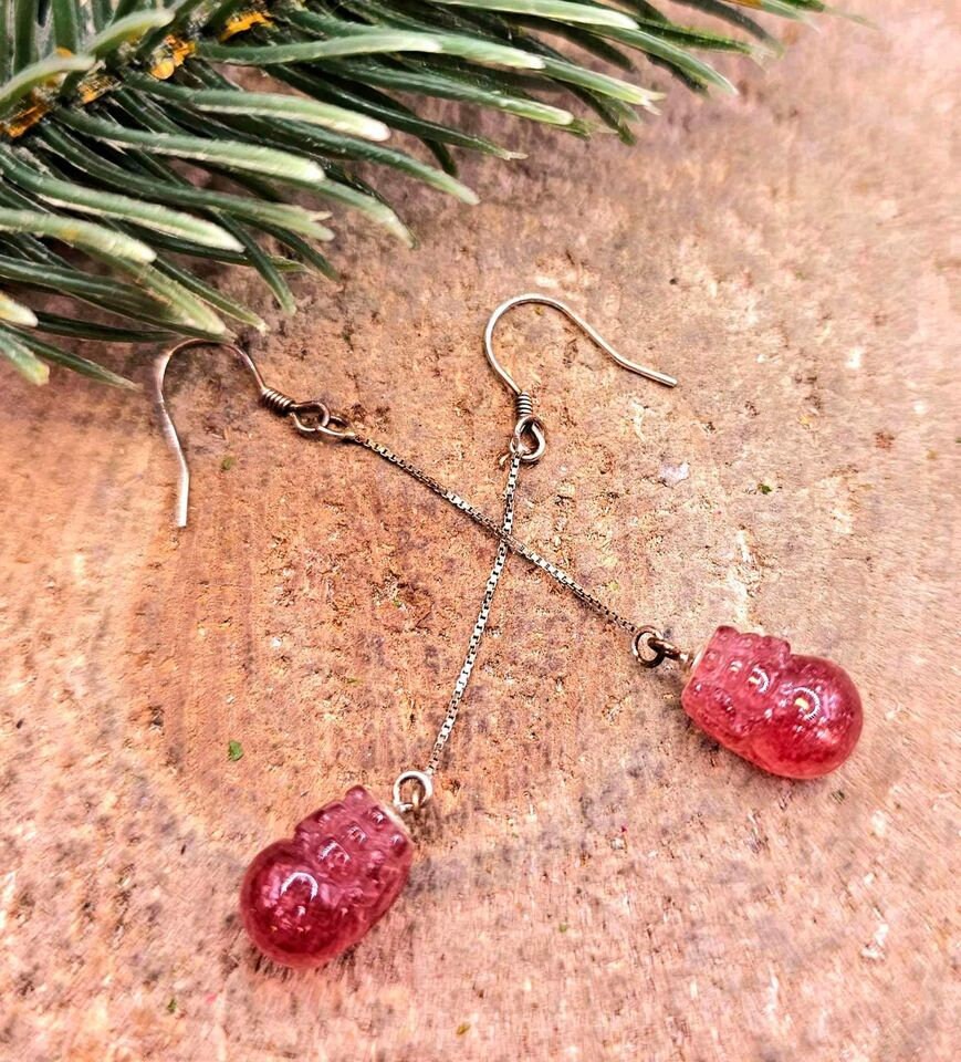 Nature Strawberry Quartz Hand Carved Pi Xiu Blessing Coin S925 Dangle Earring