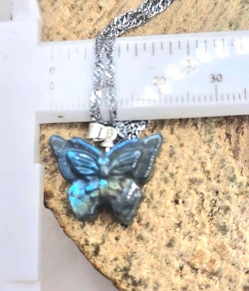 Nature Labradorite Flashy Butterfly Pendant Necklace
