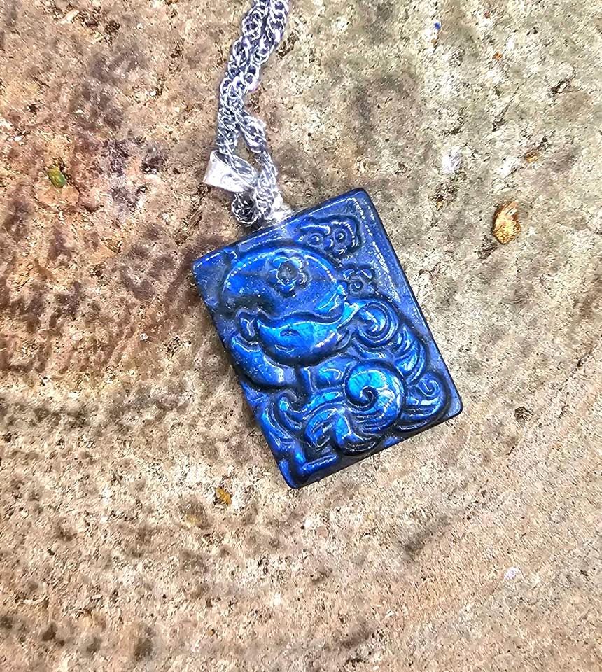 Nature Labradorite Carved Flashy Nine Tails Fox Pendant Necklace